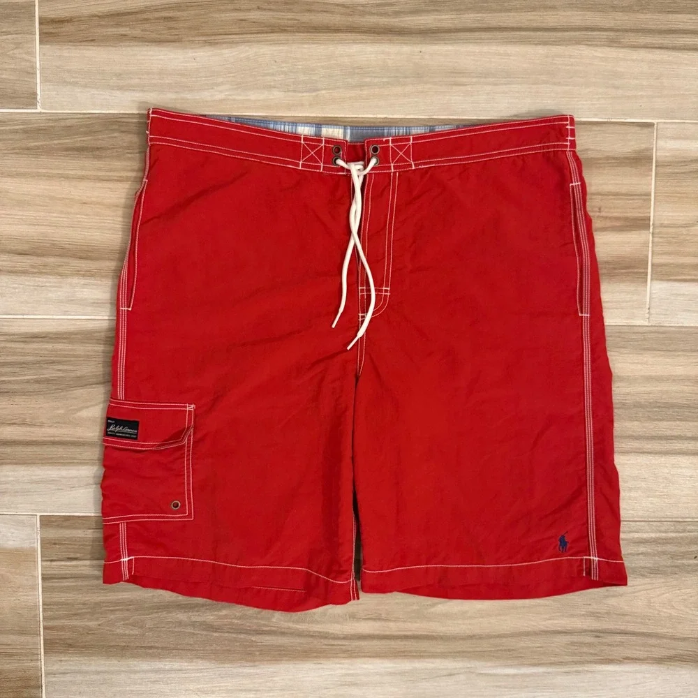 Polo Ralph Lauren Mens Red Swim Trunks Cargo Board Shorts Size L Pony Logo